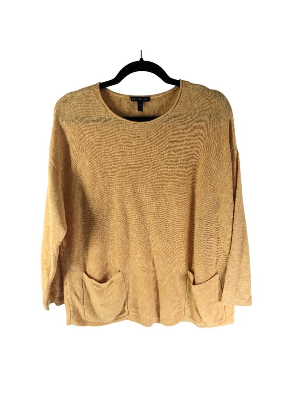 Eileen Fisher Organic Linen Cotton Knit Top With Pockets Womens Size L Yellow